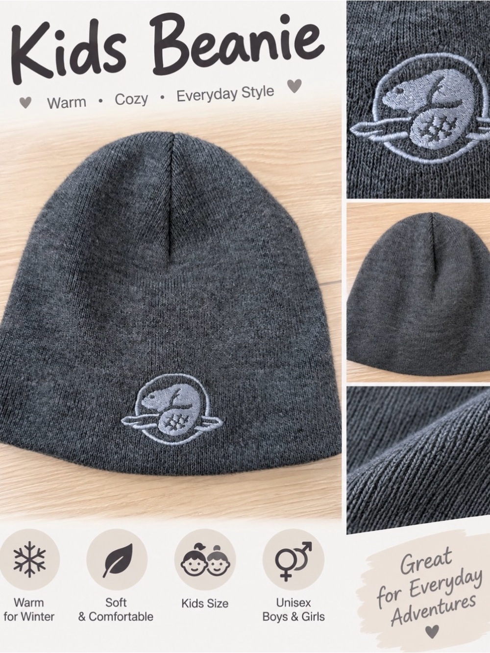 Kids Grey Knit Beanie Embroidered Logo Winter Hat Boys Girls